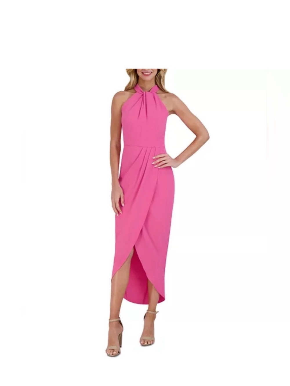julia jordan Hot Pink Halter High-Low Wrap Midi Dress